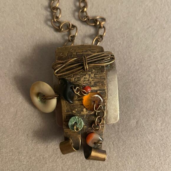 Abstract Metal Pendant Brooch Pin on Chain Necklace - Picture 1 of 3